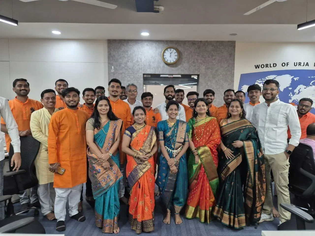The full Urja-Disha team in festive saffron attire assembled for the Shivaji Jayanti group photograph