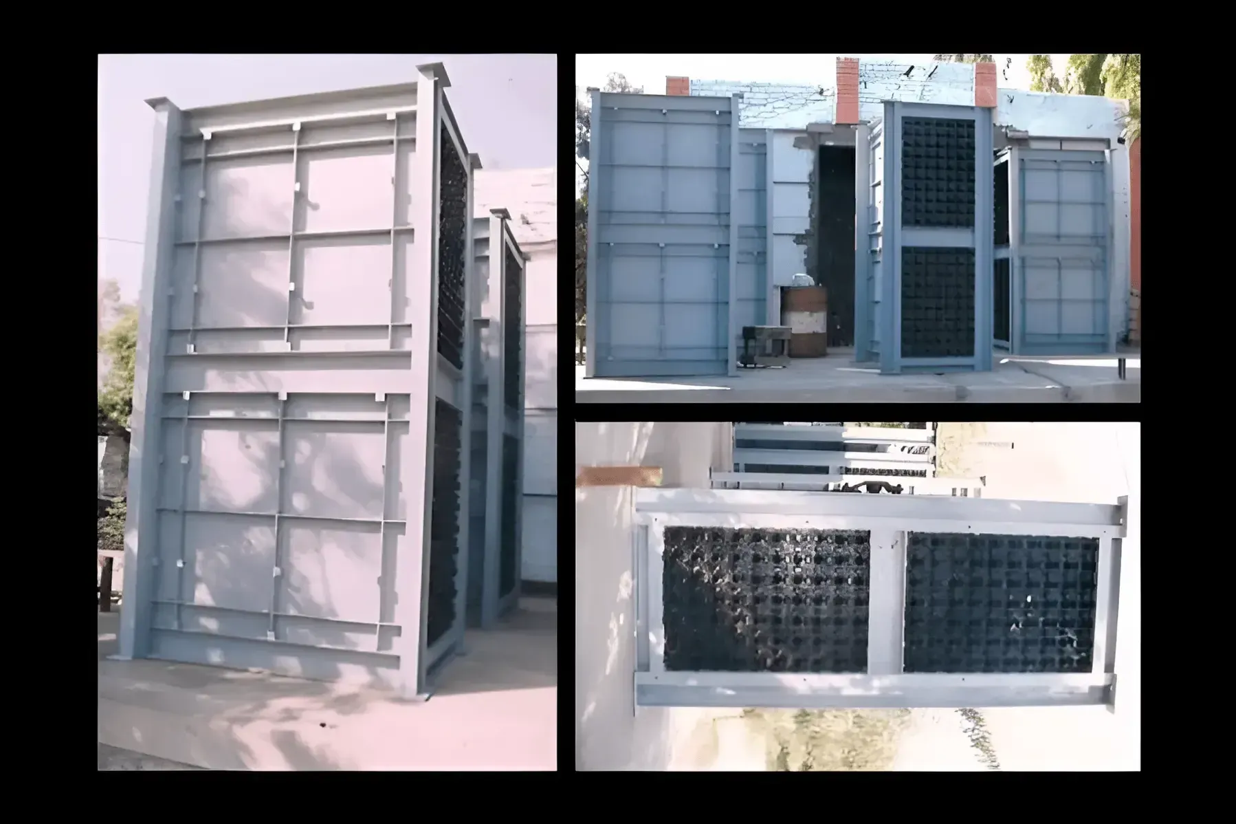 Framed cast iron heat exchanger element blocks standing in a fabrication yard, ready for assembly
